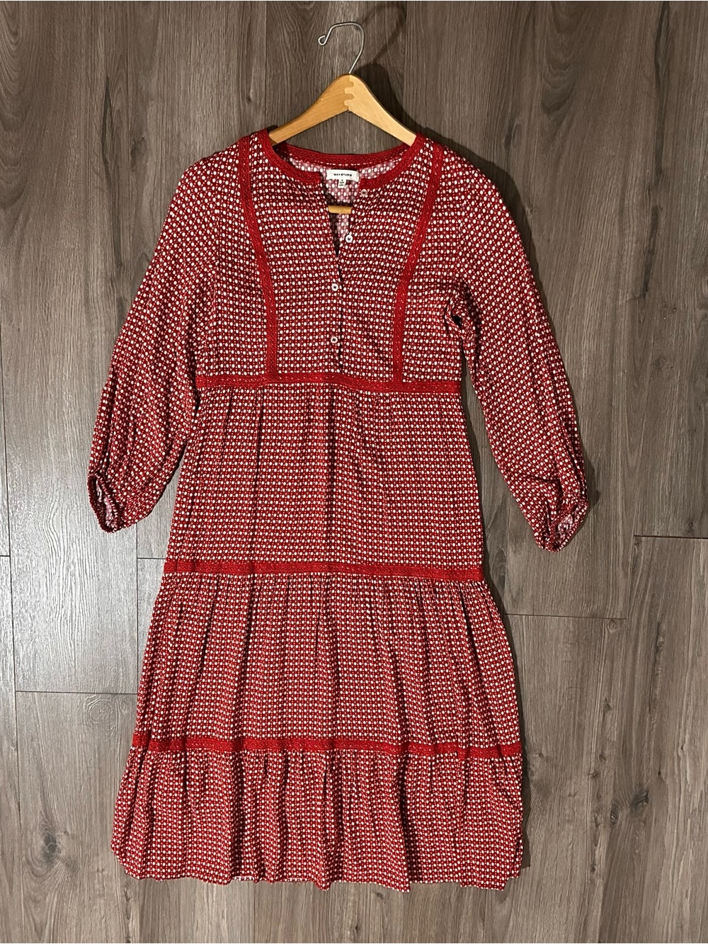 Max Studio Red Dress Maxi Tiered Button Front